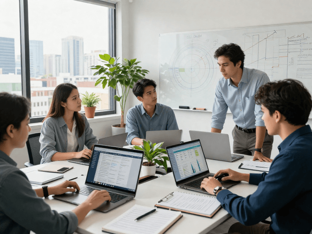 IDXSTAR-focused team collaboration in modern real estate office with property data and charts