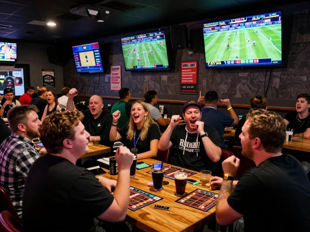 Fans engaging in sports betting at a vibrant bar, showcasing community spirit and responsible gambling practices at hit club.