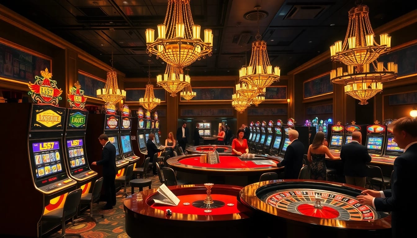 L567 slot machines and vibrant casino tables create an exciting gambling atmosphere.