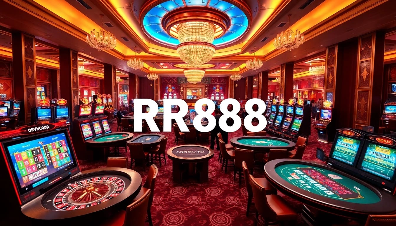 Experience thrilling games at RR888 casino, with vibrant tables and exciting slot machines illuminating the scene.