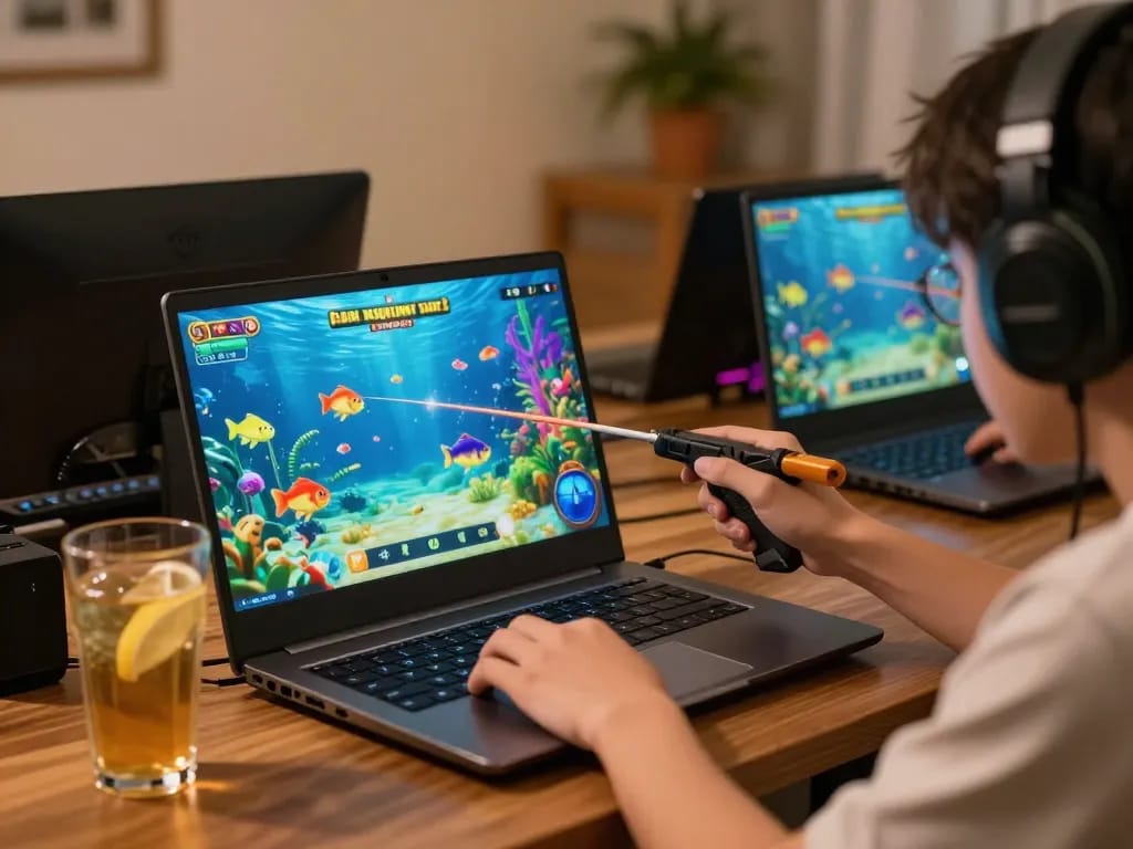 bắn cá đổi thưởng gameplay on a laptop with vibrant graphics, player aiming at fish in a cozy setting