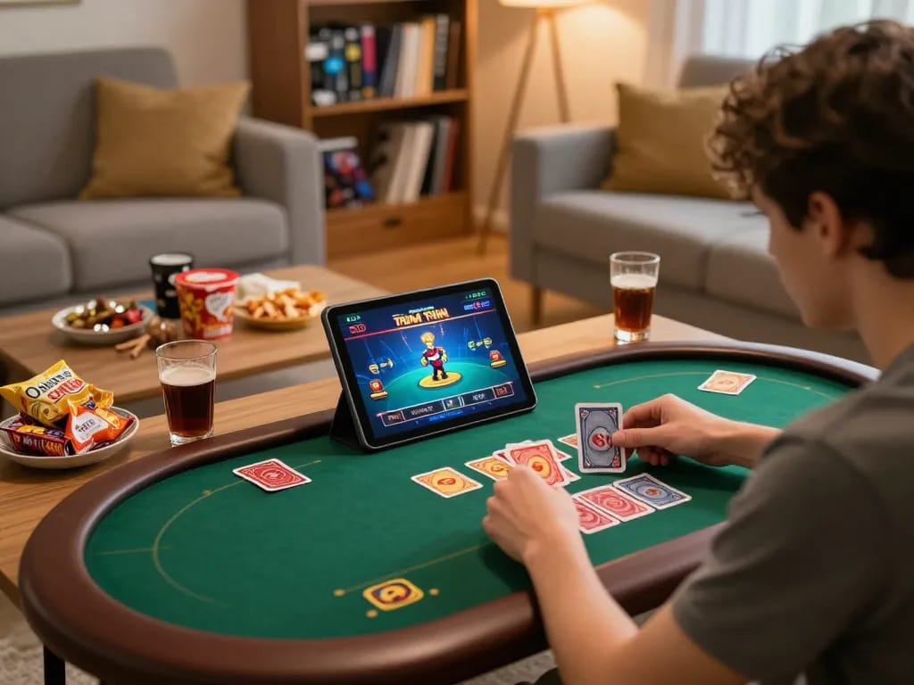 Engaging in game bài đổi thưởng on a tablet in a cozy home environment while enjoying snacks.