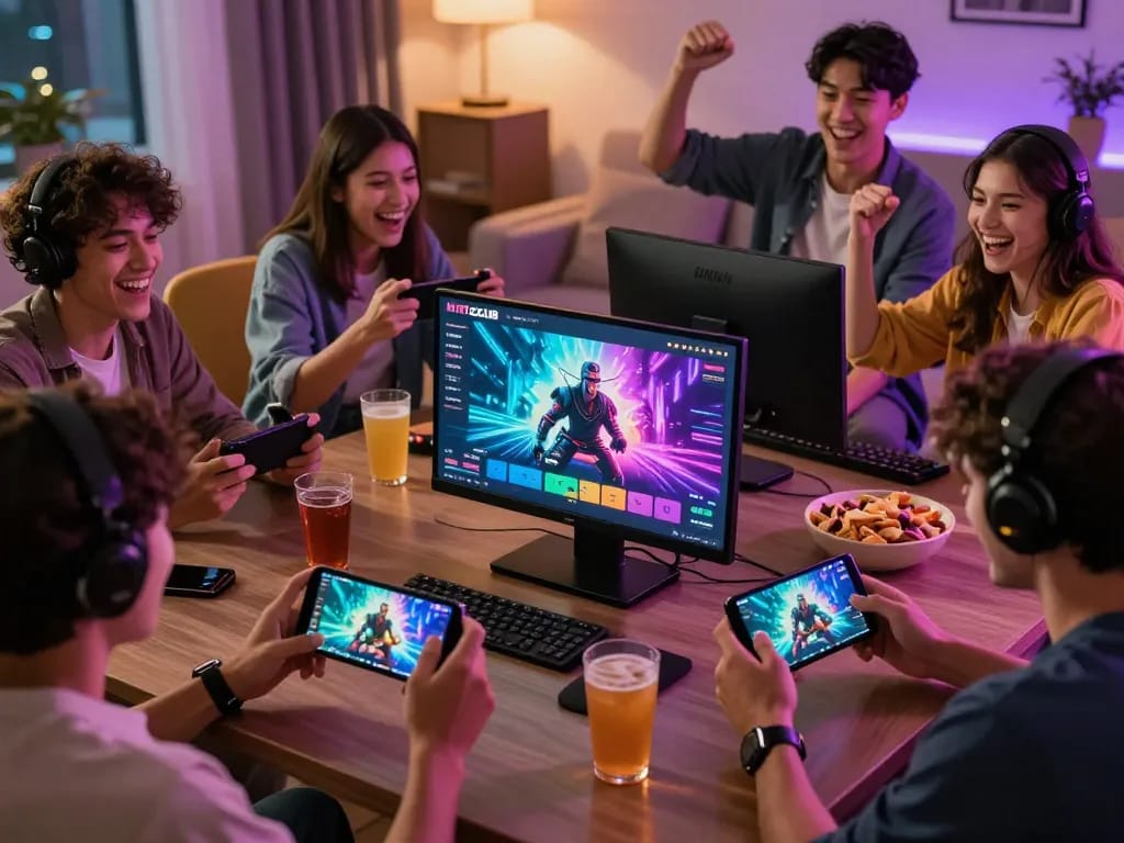 Exciting gaming session on hitclub trực tuyến with friends enjoying their mobile devices