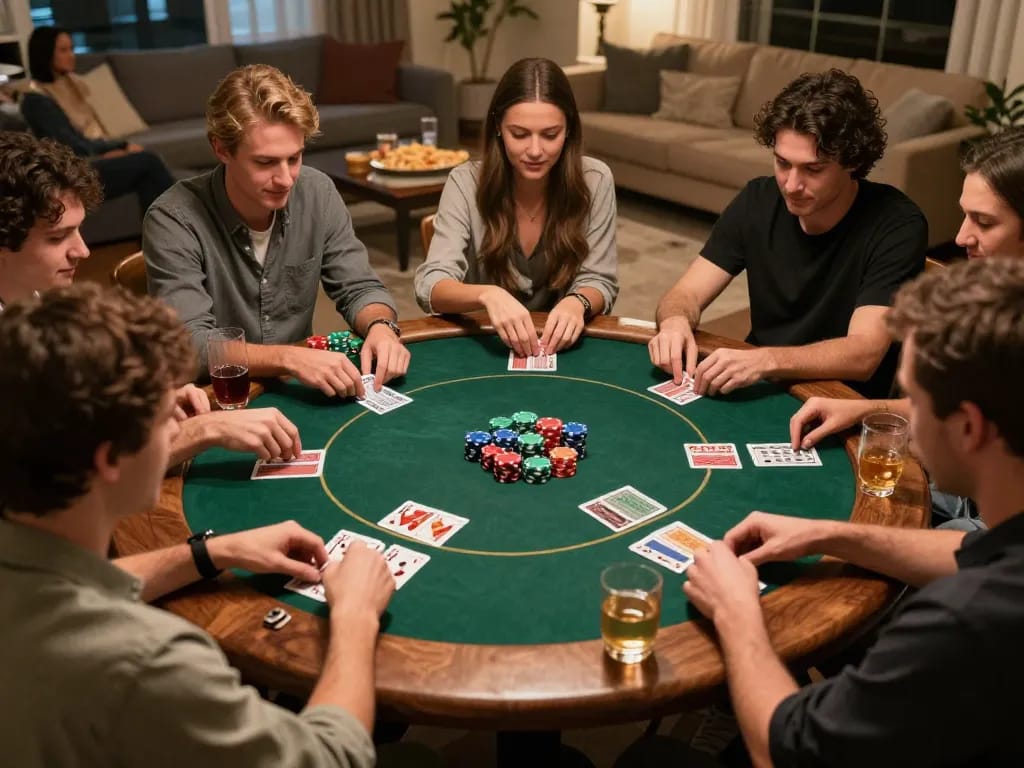 Friends enjoying a Texas Hold'em game at home during a poker night, capturing the excitement of DA88.