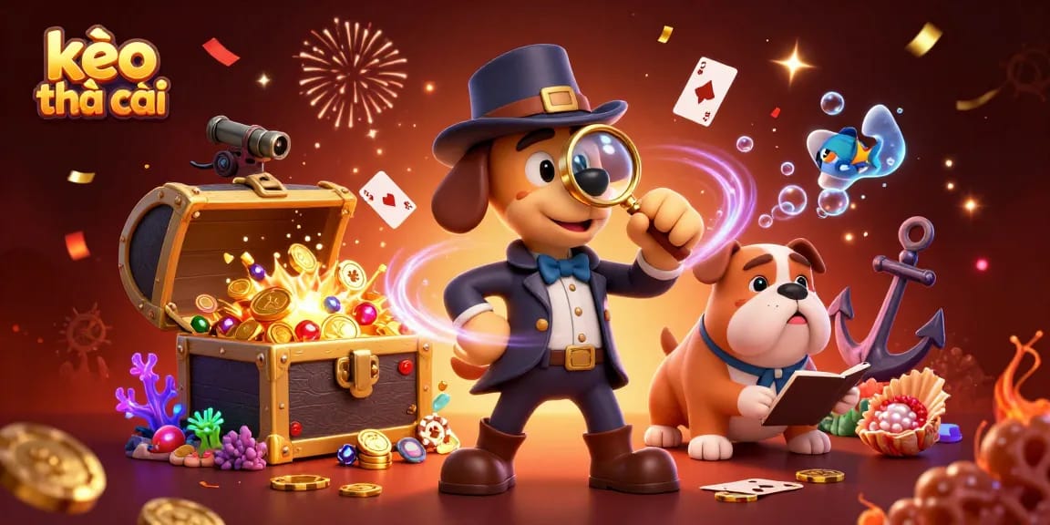 Bet on kèo nhà cái with detective characters examining poker clues among treasures.