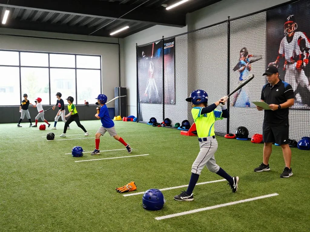 Children practicing baseball skills at a hit club training facility with coaches and high-tech equipment in a lively indoor environment.