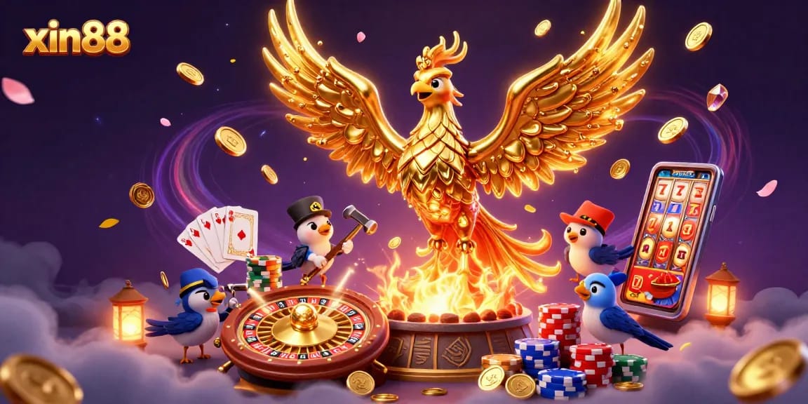 Experience the vibrant xin88 casino world, where golden phoenixes and dynamic gaming symbols fly through a mystical setting.