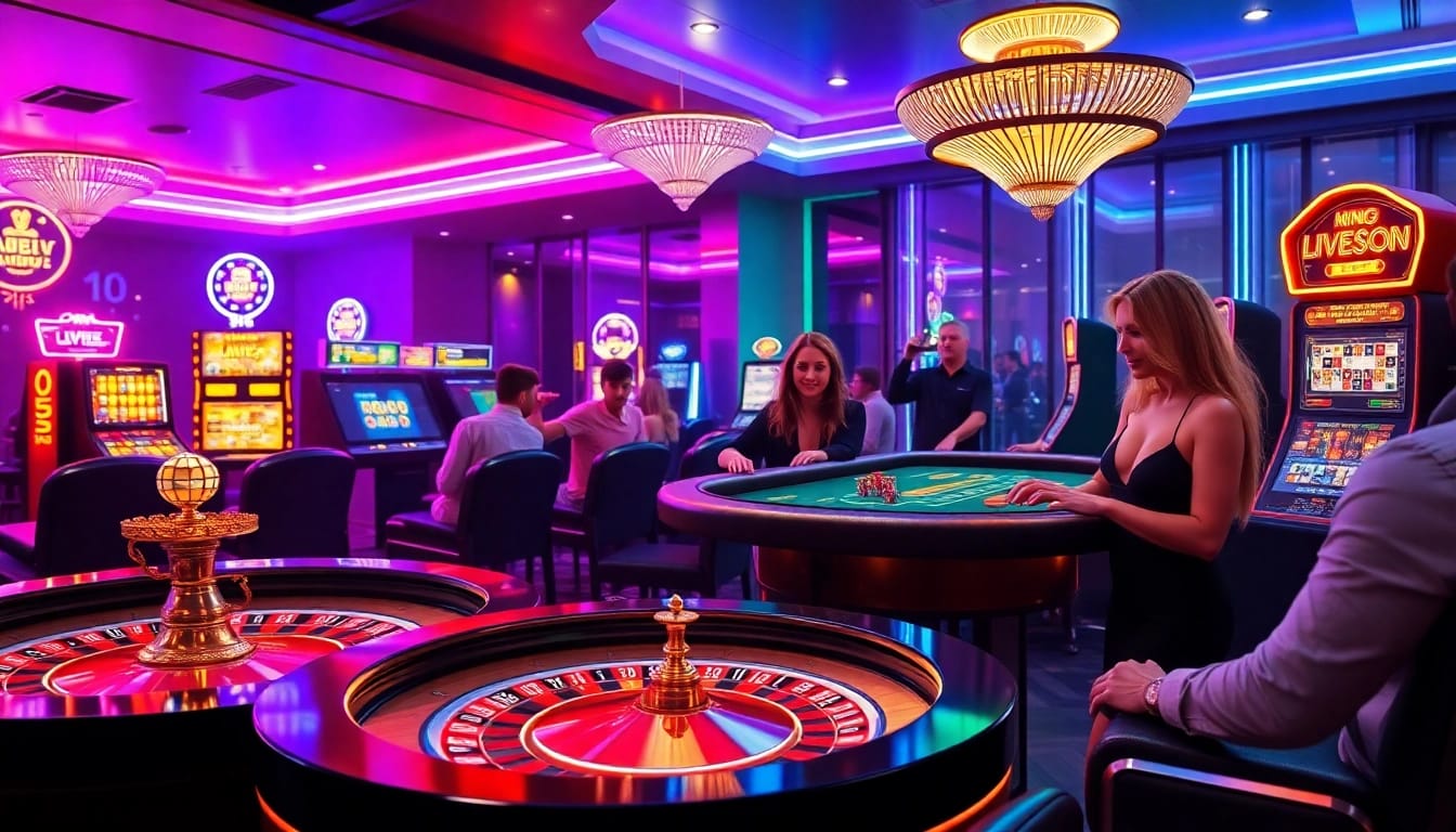 Engaging players enjoying the nohu90 online casino experience with vibrant slot machines and live dealers.