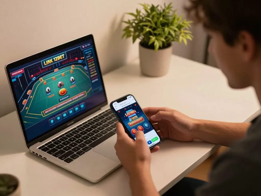 Người dùng đang truy cập ứng dụng casino Link 12bet trên điện thoại thông minh trong khi sử dụng máy tính xách tay để chơi game