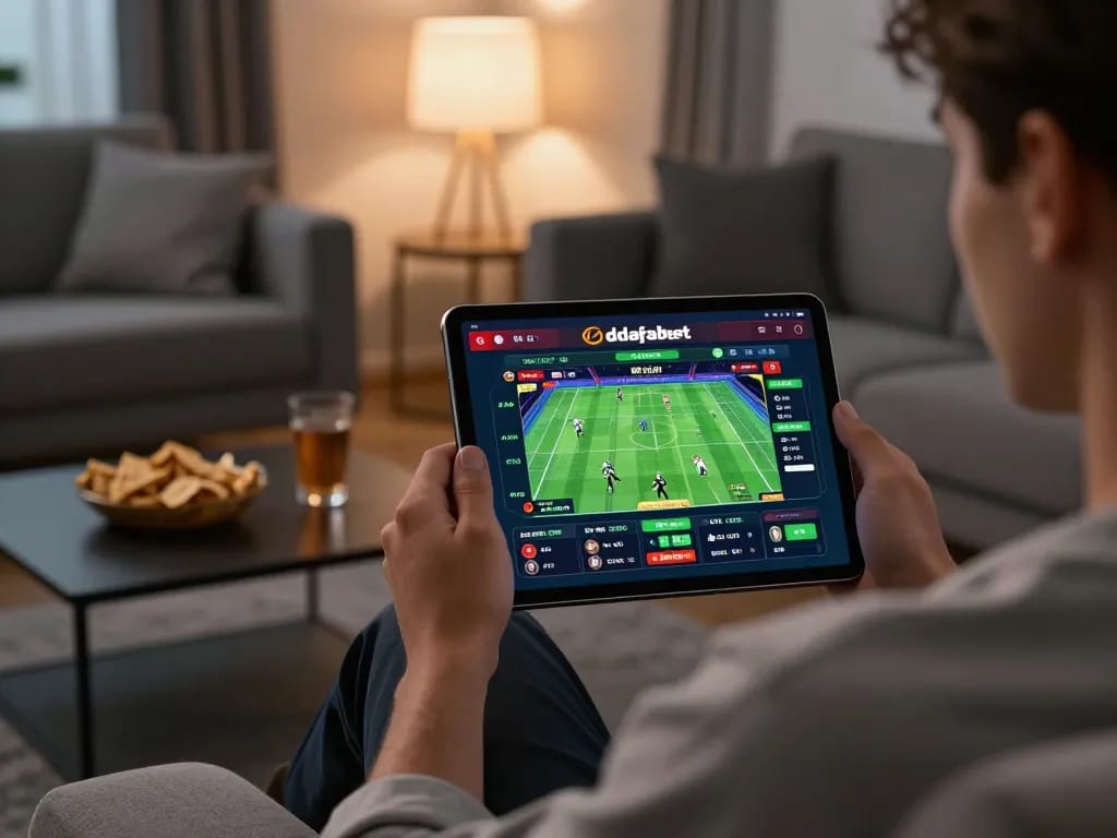 Engaging in online sports betting with dafabet app on a tablet in a cozy living room setting.