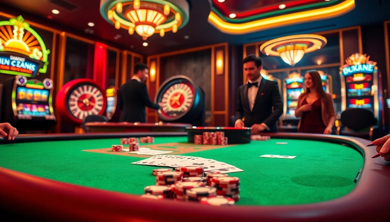 Experience the thrill of an NK88 win at a luxurious casino with poker chips and slot machines.