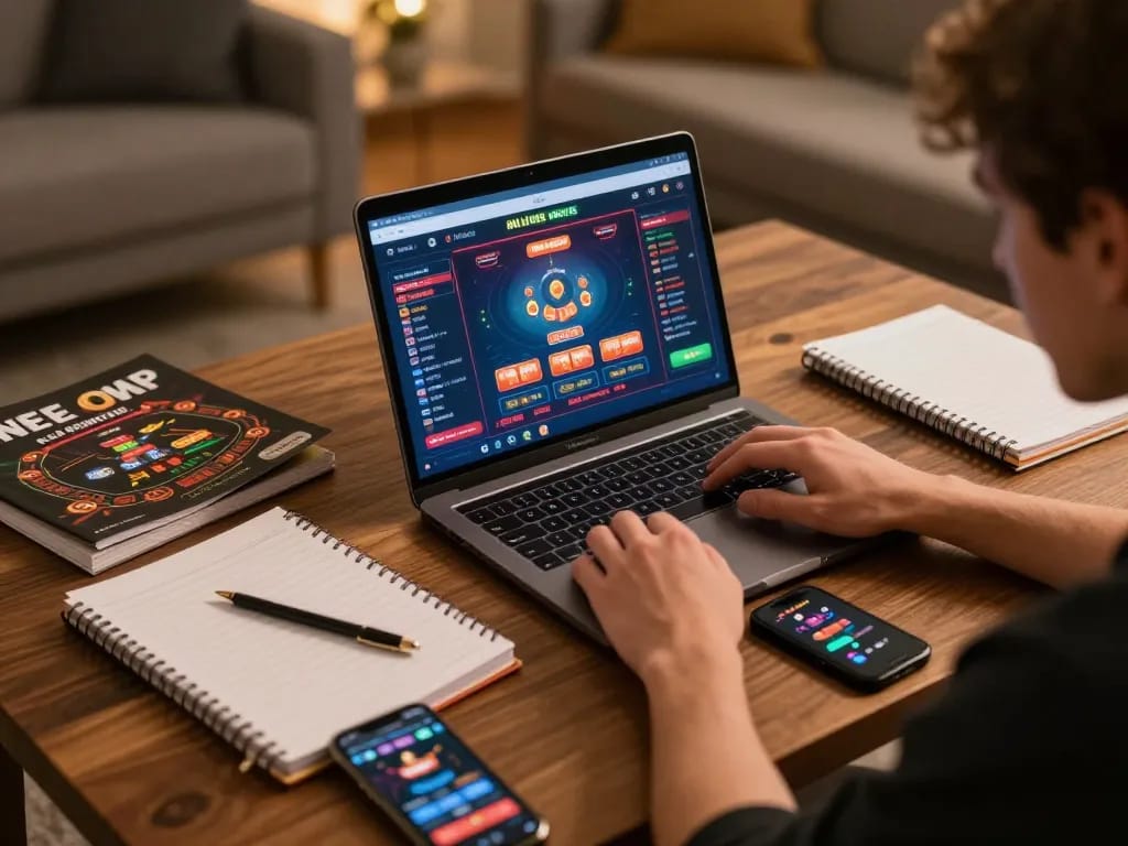 Person engaged in live CO88 online casino gaming on laptop, surrounded by strategy notes and warm lighting.