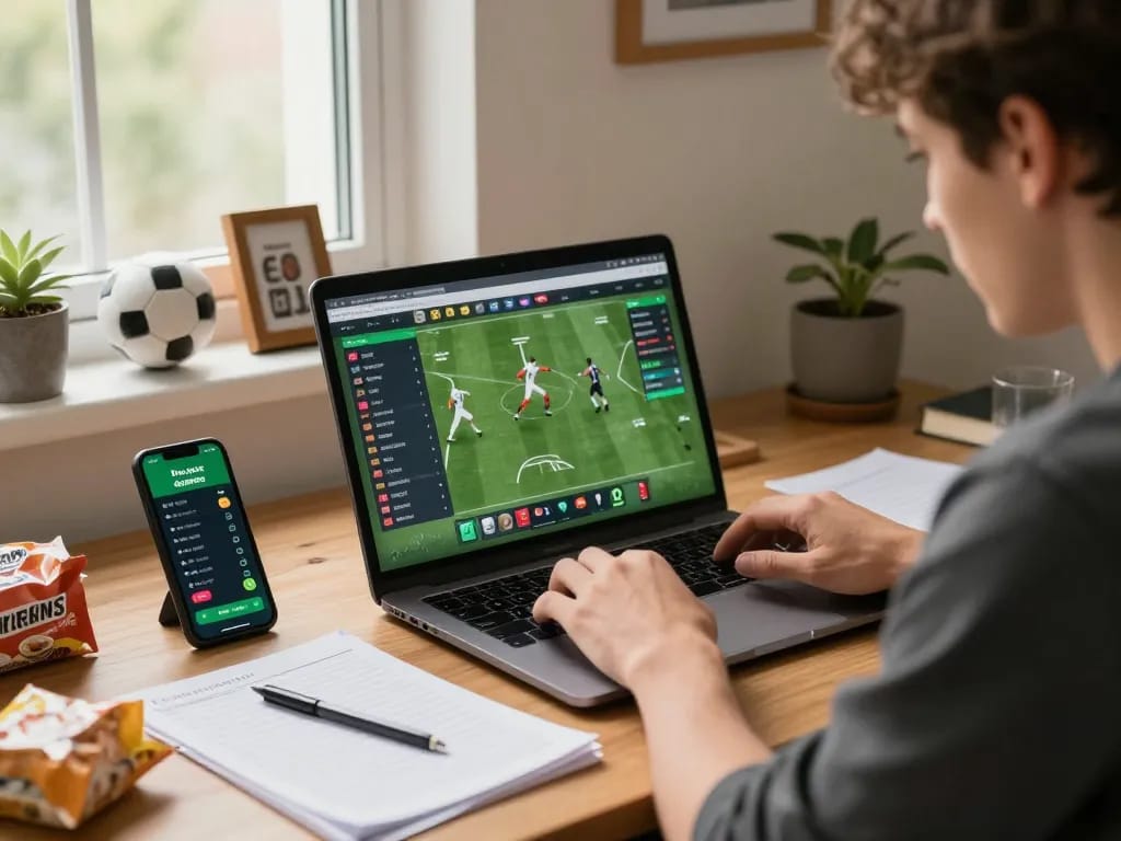 Betting enthusiast analyzing stats on laptop for 789WIN online sports betting