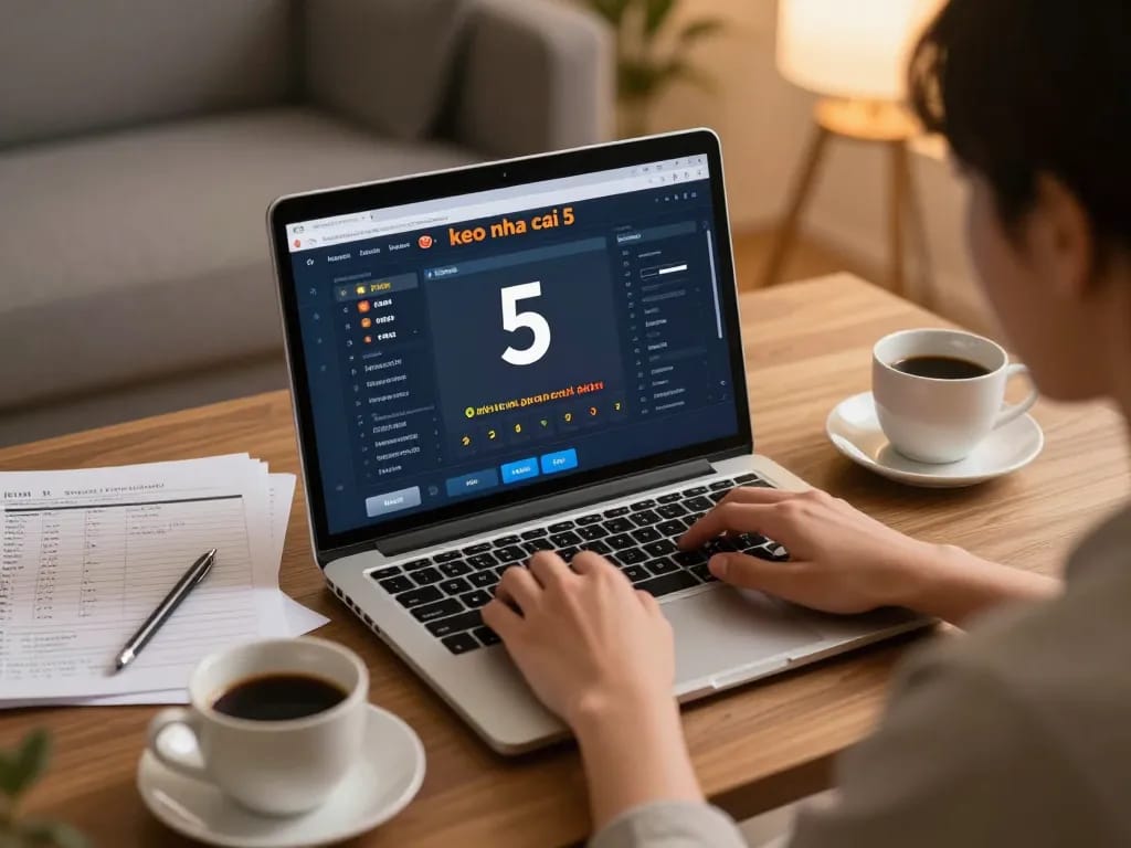 Engaging in online betting with kèo nhà cái 5 on a laptop during a cozy home session
