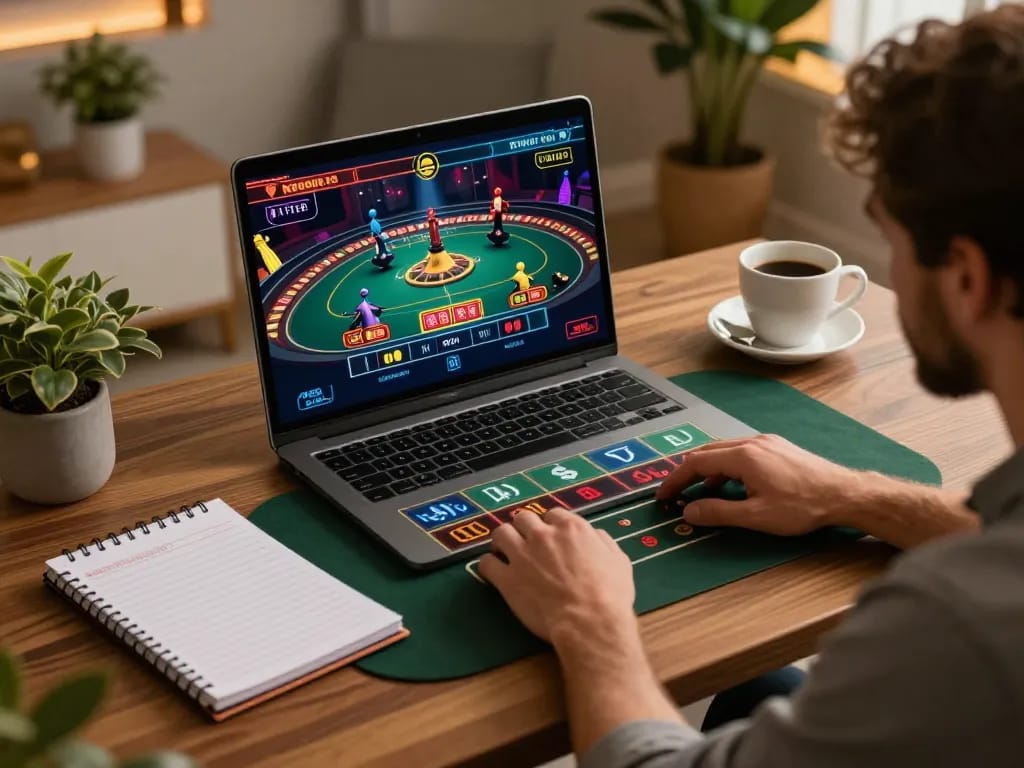 Player engaging with SHBET's online casino, focused on live dealer roulette, showcasing a home gaming setup.
