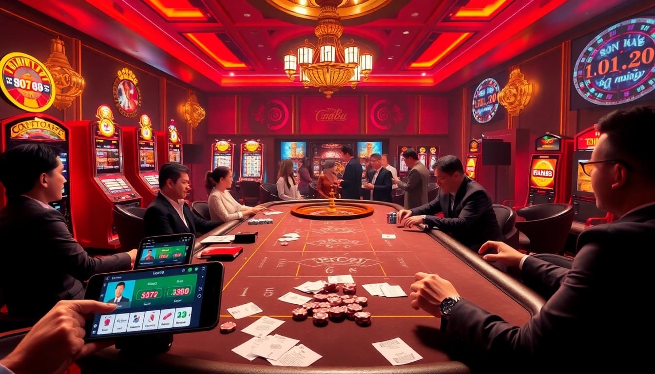 Experience the excitement of Fun88 Thai in a vibrant casino scene filled with players and gambling elements.