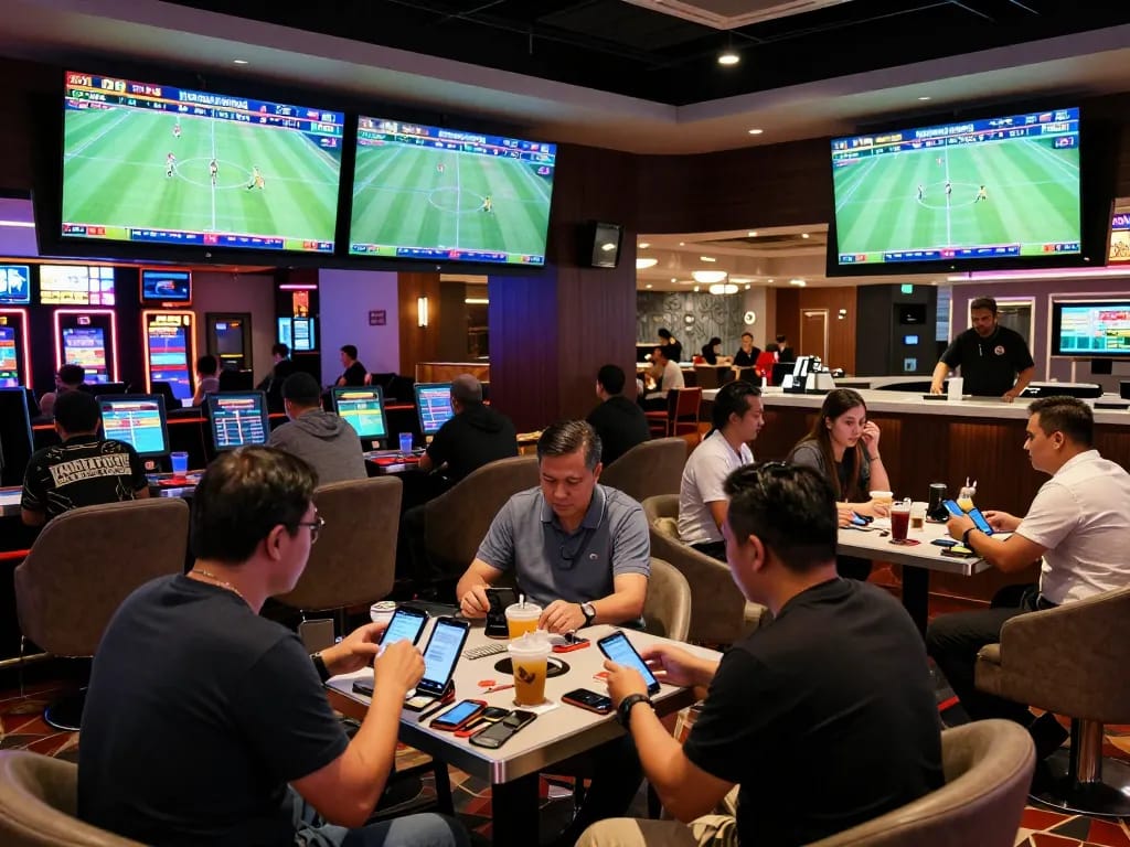 Enthusiasts placing bets in a lively sports betting lounge, showcasing kèo nhà cái as a central focus in the vibrant atmosphere