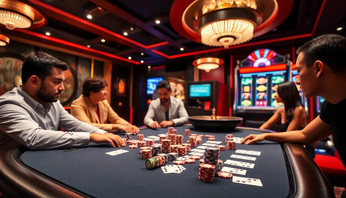Experience high-stakes gambling at https://mm88.bar/ with poker chips and excitement in a vibrant casino scene.