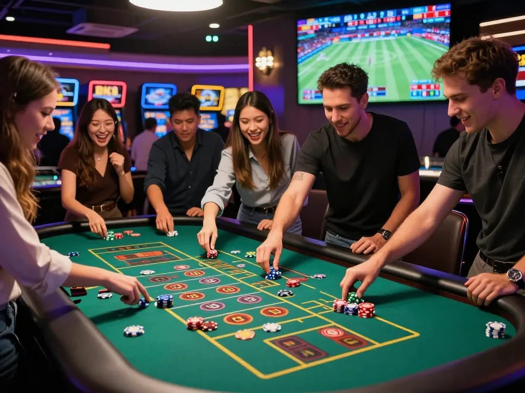 Friends enjoying the lively BK8 casino atmosphere while placing bets.