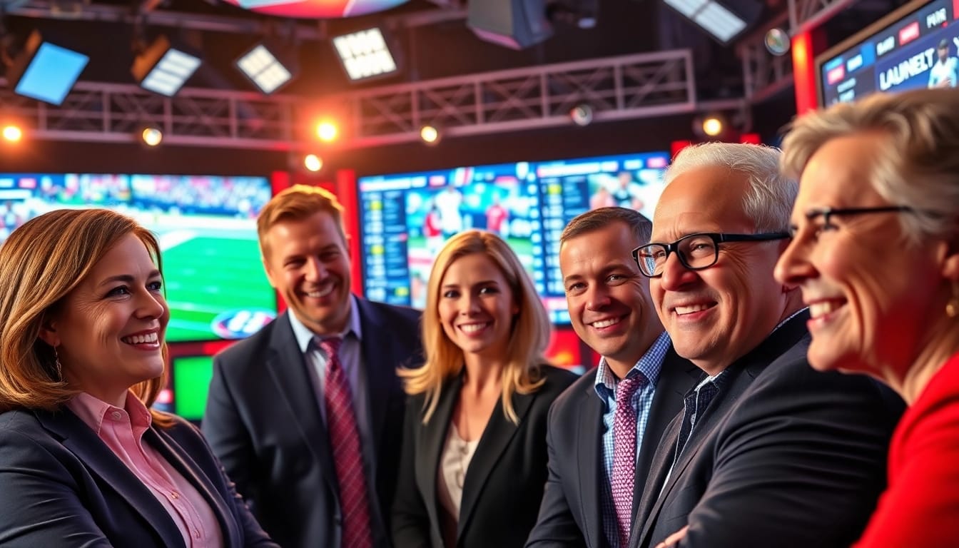 Captivating scene of Sports Broadcasting with broadcasters in a lively studio.