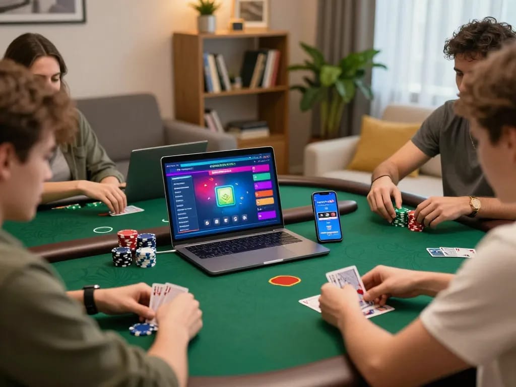 Players enjoying a strategic poker game on 888bgo platform in a cozy home setting.