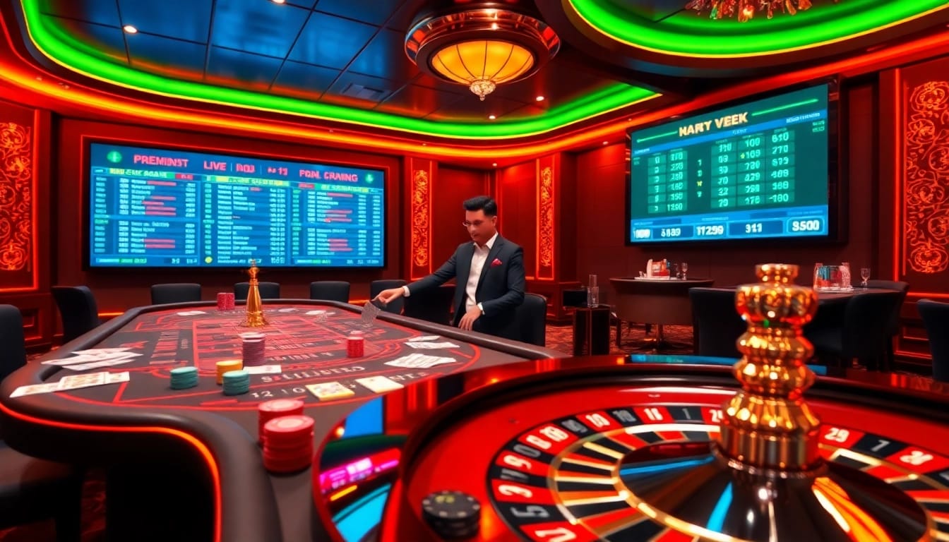 Experience high-stakes gaming at Nhà Cái VB88 with an elegant casino setup featuring vibrant tables and action.