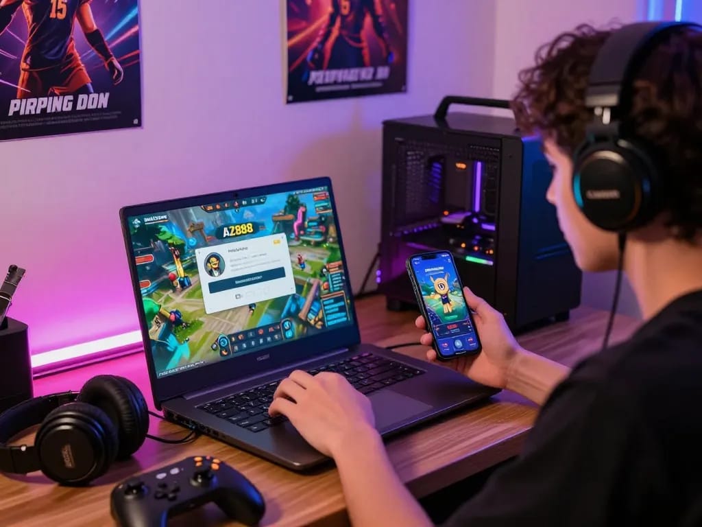 Exciting gaming atmosphere showing AZ888 đăng nhập portal with vibrant game graphics and a player immersed in online betting.