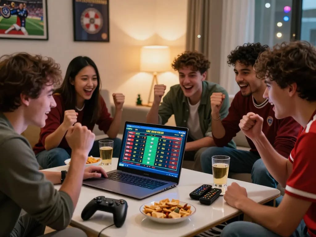Friends enjoying link 1gom live betting on a laptop in a festive atmosphere.