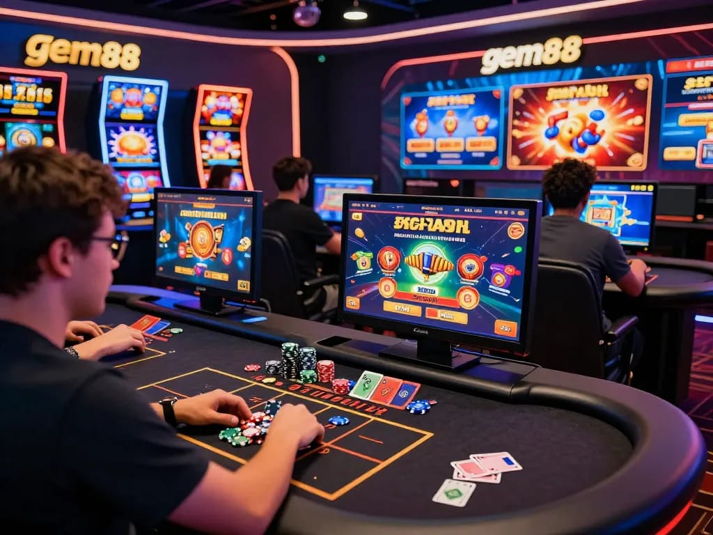 Exciting online gaming experience at gem88 featuring vibrant digital gaming visuals and engaging players.
