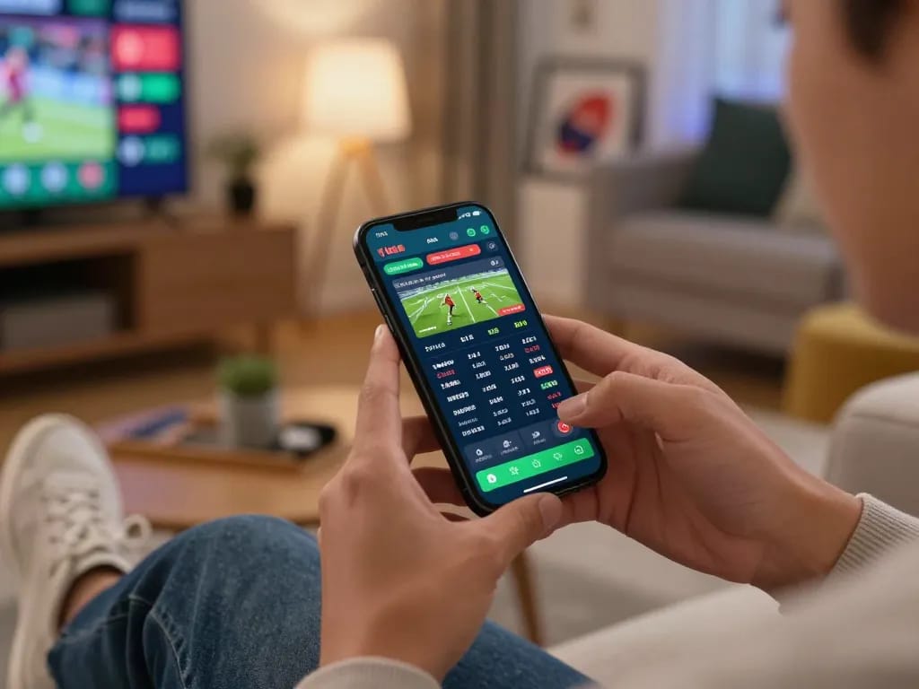 Betting on live sports through the app at https://ae888a.ru.com/ in a cozy home setting.