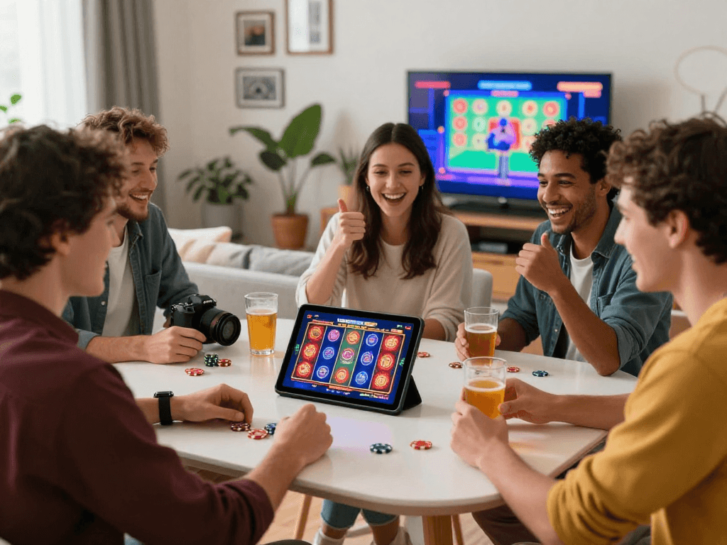 Group enjoying non GamStop casino sites in a cozy living room with colorful gaming graphics.