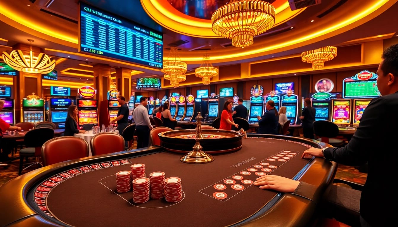 Link vào jbo - Engaging casino environment showcasing a vibrant poker table and roulette wheel.