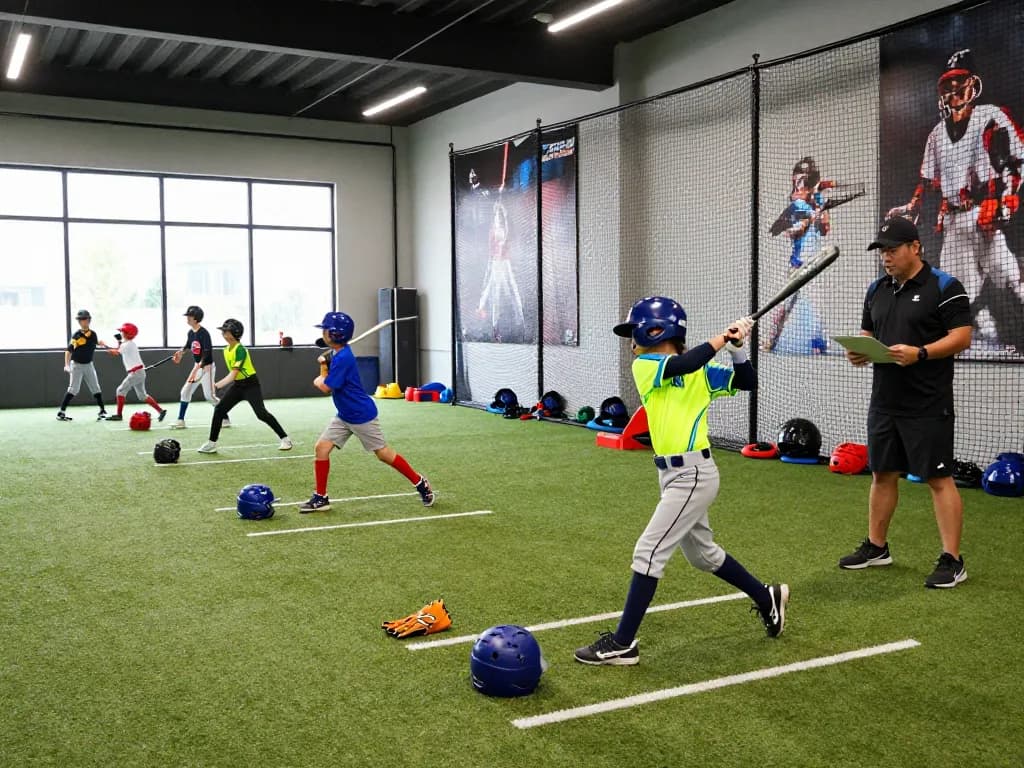 Children practicing baseball skills at a hit club training facility with coaches and high-tech equipment in a lively indoor environment.