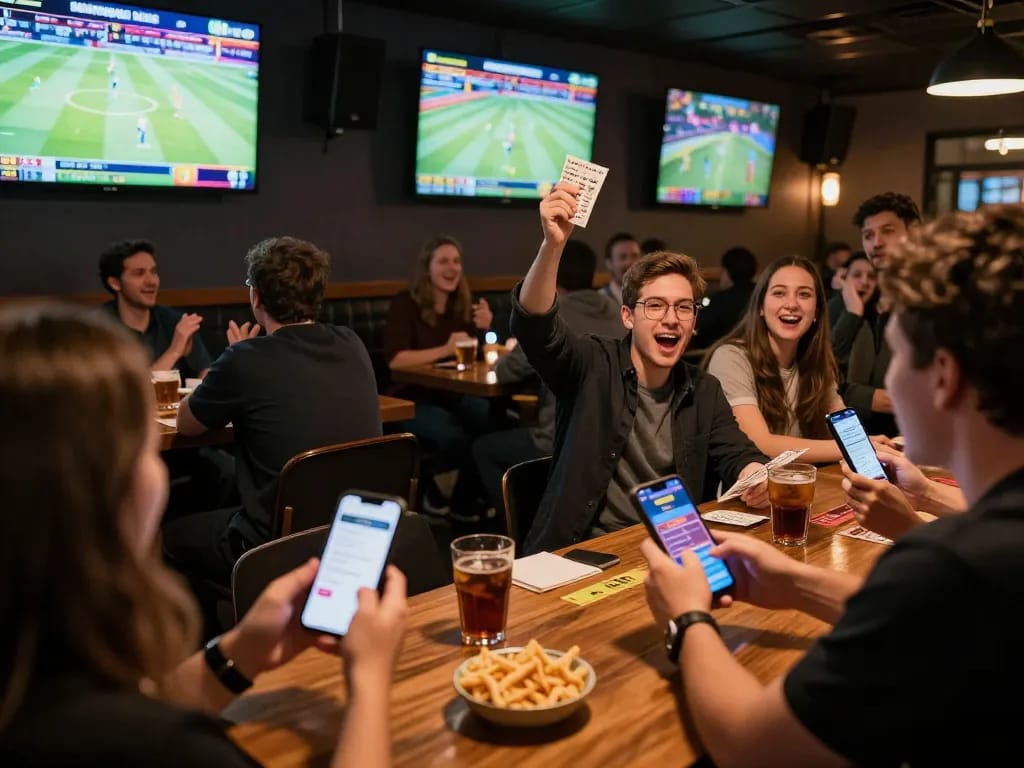 Engaging sports betting excitement at a bar with patrons using sv66 betting apps and tickets.