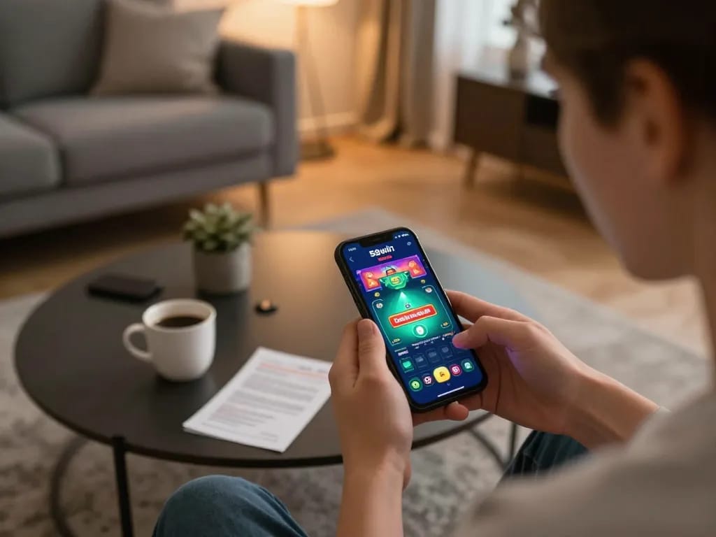 Player engaging with the 58wiin casino app on their smartphone in a cozy home setting