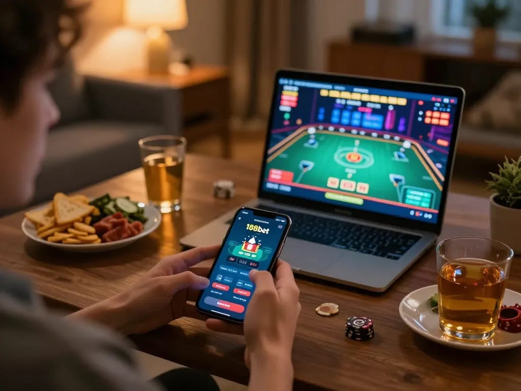 Player engaging with the 188bet mobile app in a cozy home scene, showcasing online gaming excitement.
