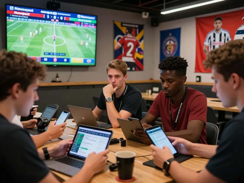 Excited group analyzing Nowgoal football scores and betting odds in a vibrant lounge.