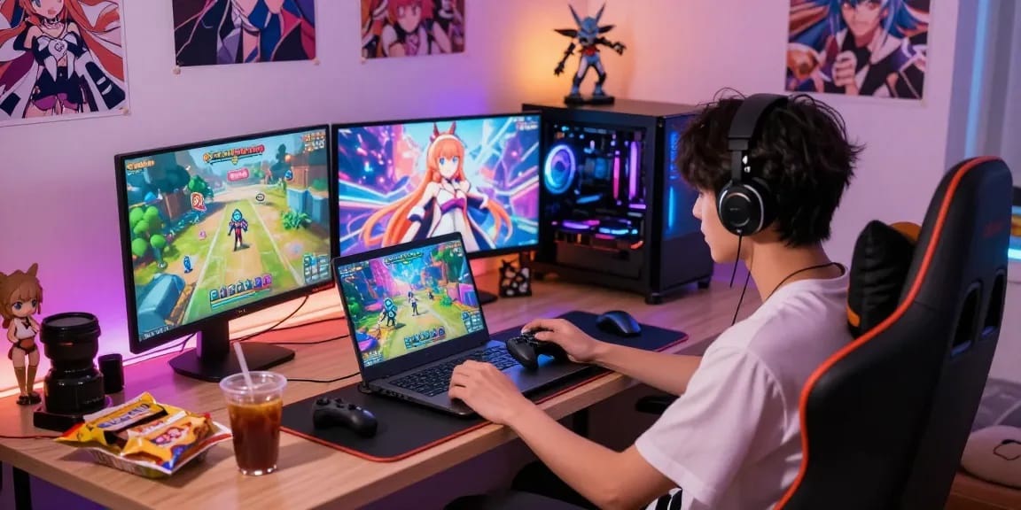 Engaging scene featuring hentai games online with gamer enjoying vibrant visuals and collectibles