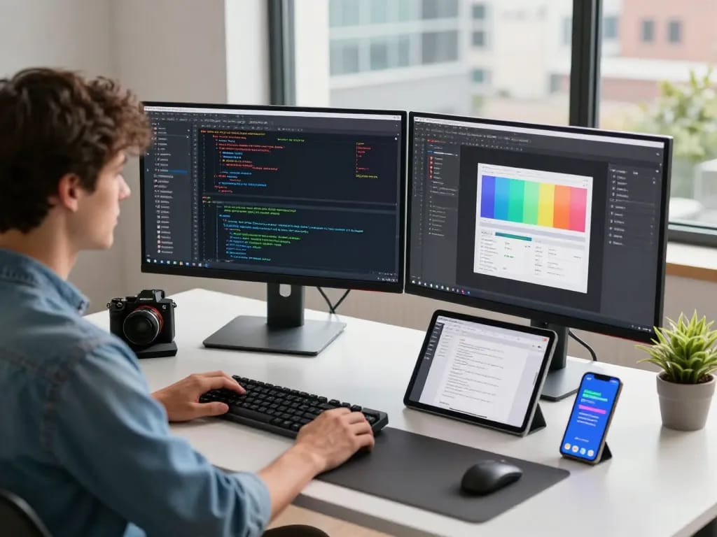 Developer using Open Claw AI in a dynamic tech workspace with multiple monitors and vibrant coding.