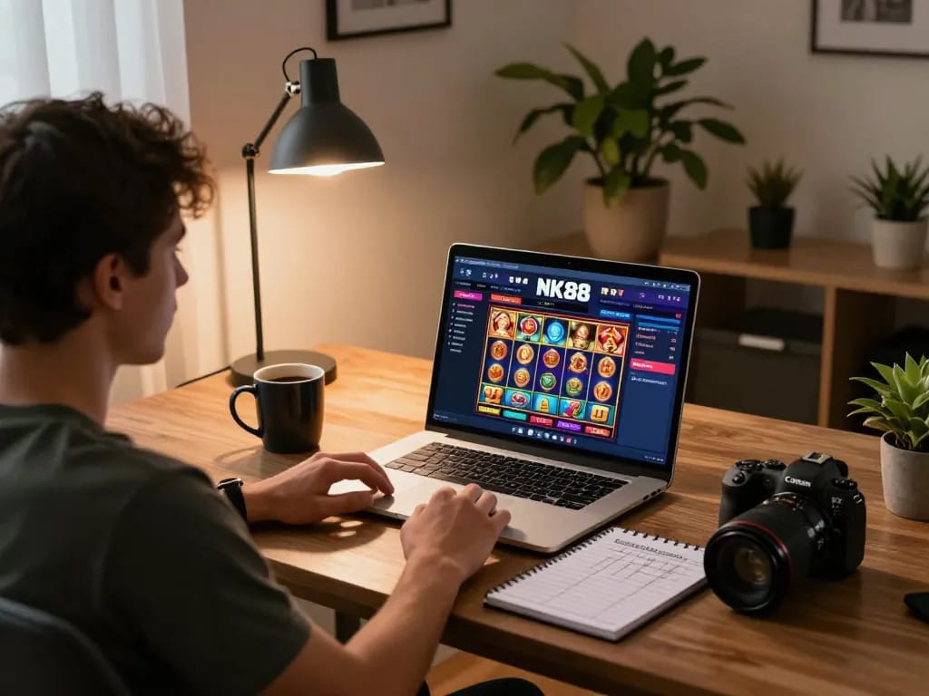 Engaged player exploring NK88 casino gaming on a laptop, cozy home setup.
