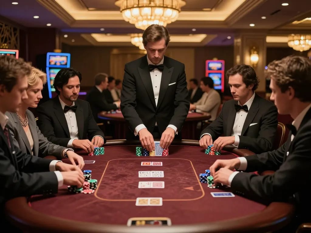 Bong88 players engaged at a luxury poker table, showcasing strategic gameplay and high-stakes action.