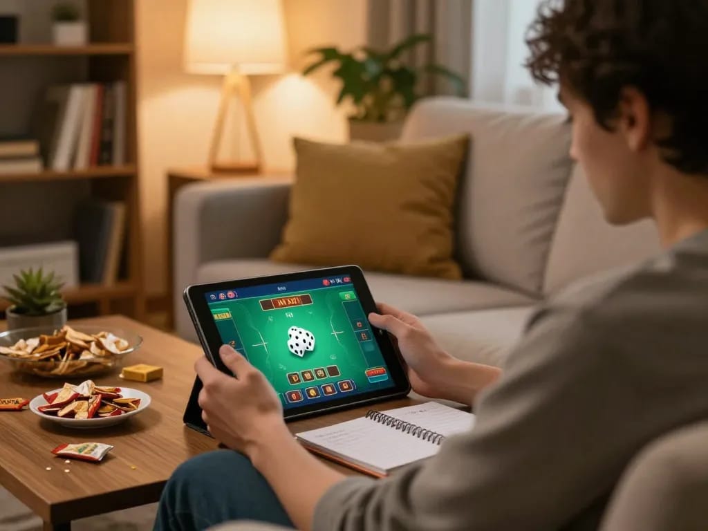 Engaging in tài xỉu online gaming on a tablet in a cozy home setting with betting strategies nearby.