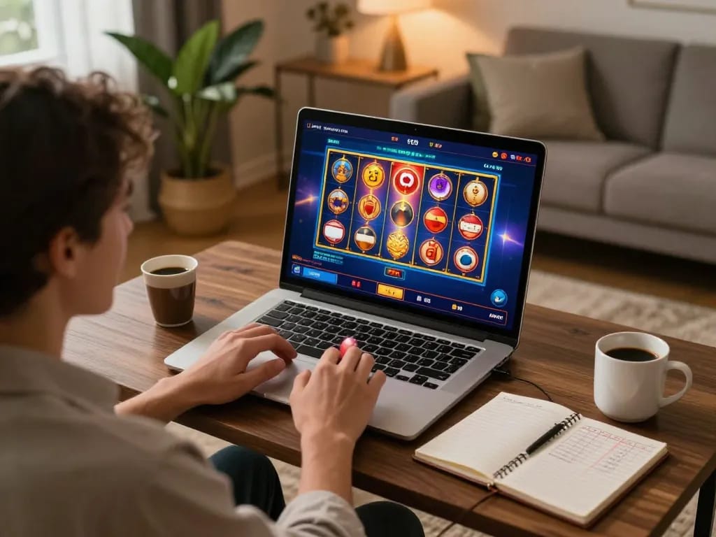 Engaged user playing Hbet slot games on a mobile app, showcasing vibrant graphics and strategic gameplay.