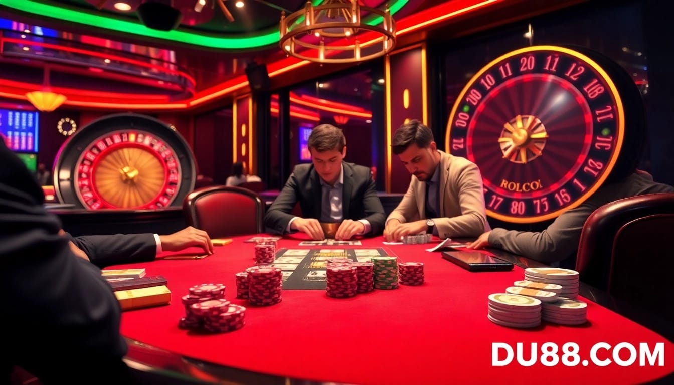 Players engage intensely in poker at DU88.COM's luxury casino, with vibrant chips and a spinning roulette wheel.