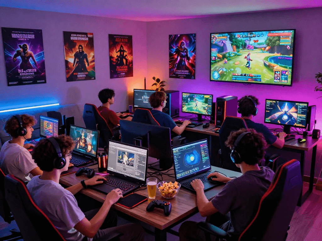 Group of diverse gamers enjoying porn games online in a vibrant living room, immersed in adult interactive experiences.