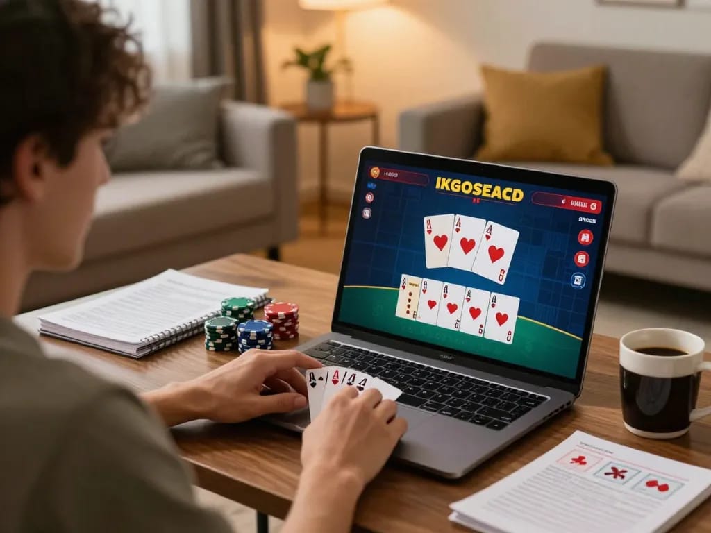 Experience the thrill of gamebaidoithuong8 with a player engaged in an online poker game from home, showcasing strategic moves.