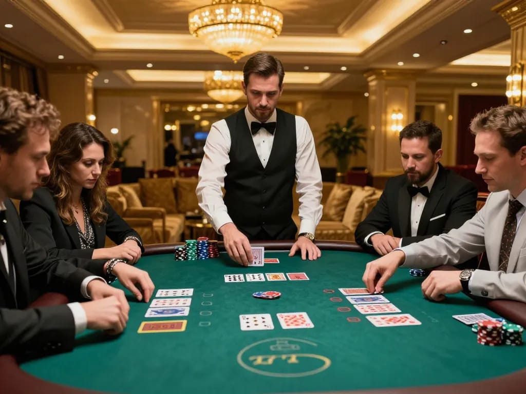 Engaged players enjoying a strategic blackjack game at https://tip88xyz.com/ with chips and cards on the table.