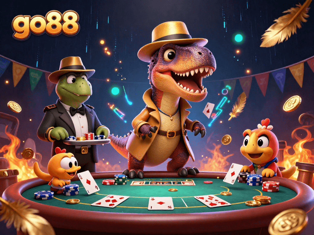 go88 showcases a velociraptor card counter at a poker table in a vibrant casino scene.