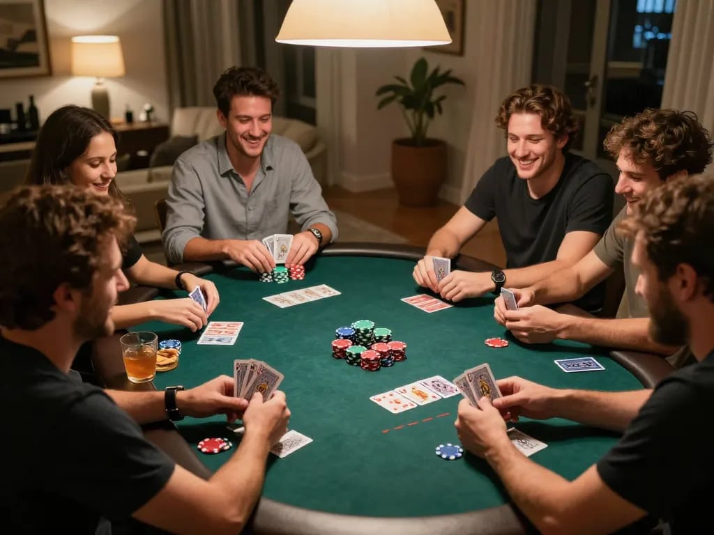 Friends enjoying a friendly poker night at home, playing 789F cards and chips