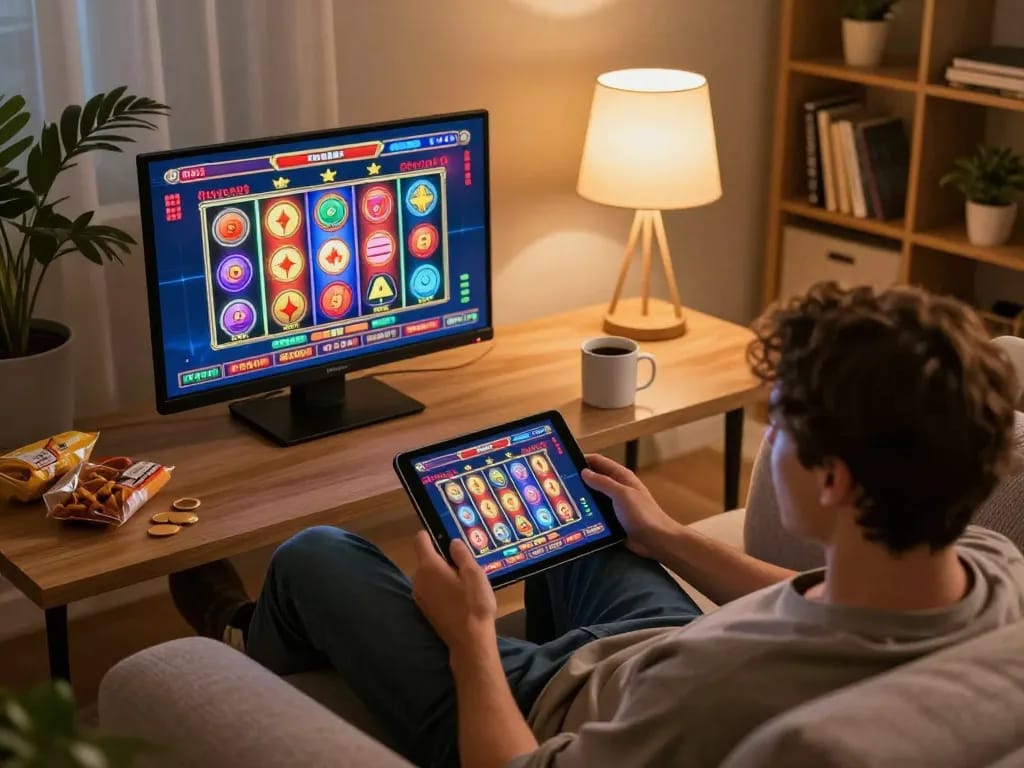 Engaging in online gaming with nhà cái uy tín Sunwin on a tablet, cozy setting with snacks and warm lighting.
